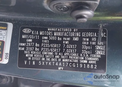 2012 Kia Sorento Lx из США, поврежденный, VIN 5XYKT4A17CG191882